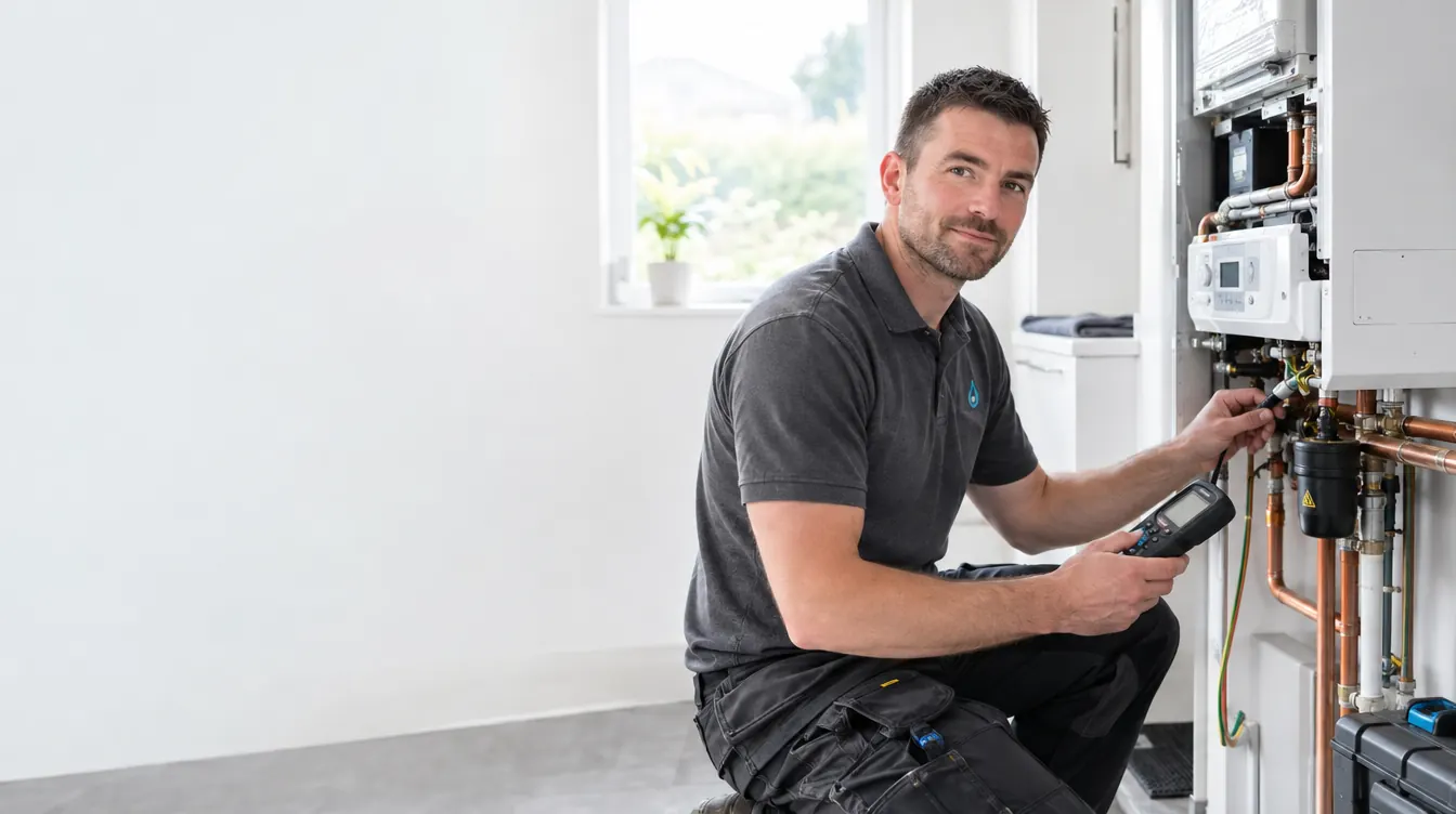 Heating engineer servicing a modern combi boiler in a bright Galway home