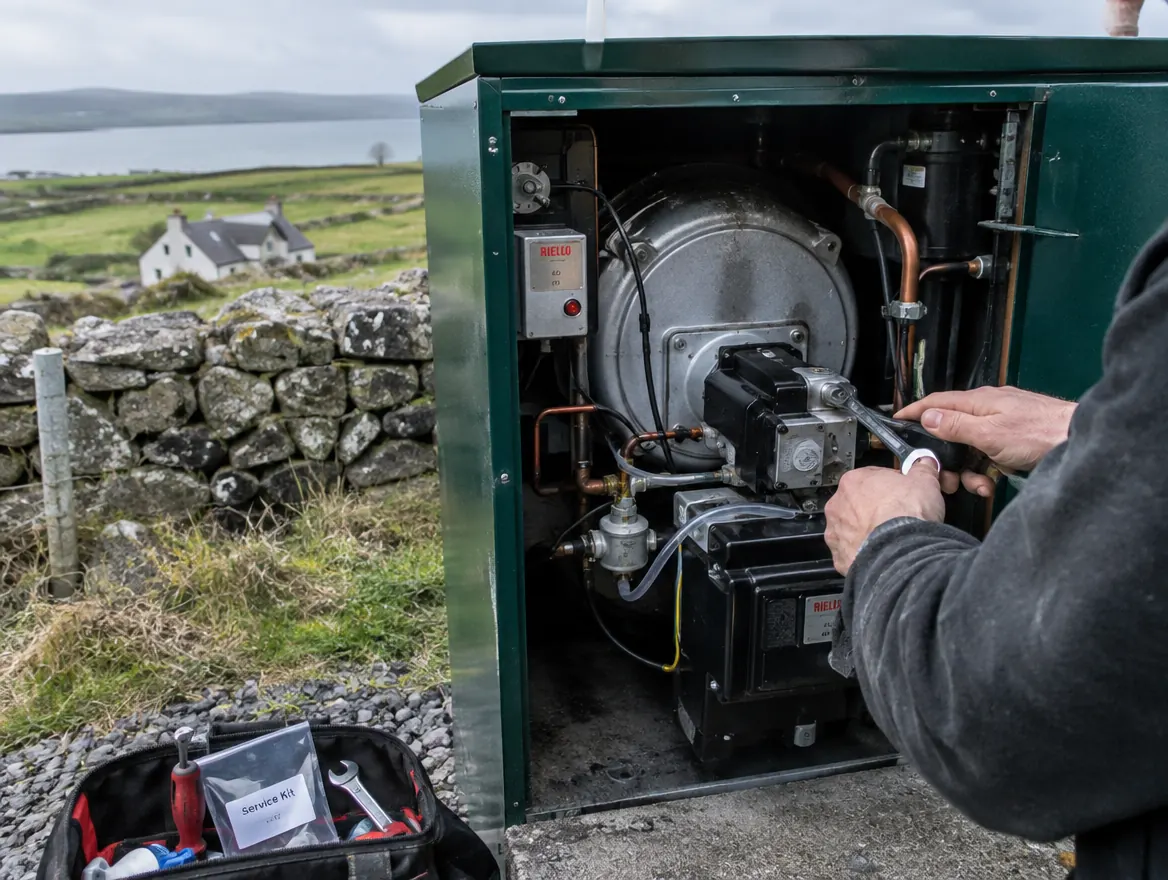 Oil boiler being serviced outside a rural Galway house