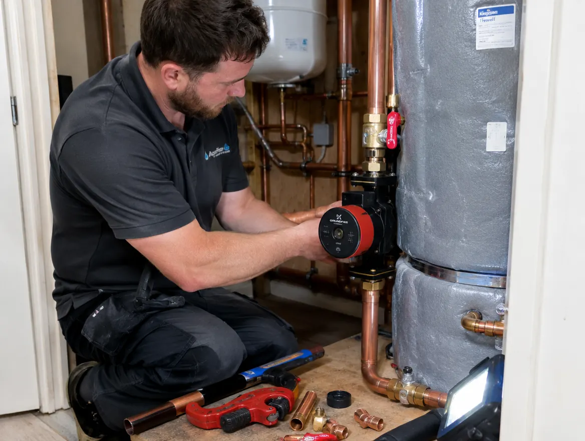 Plumber fitting a new pump beside a hot water cylinder