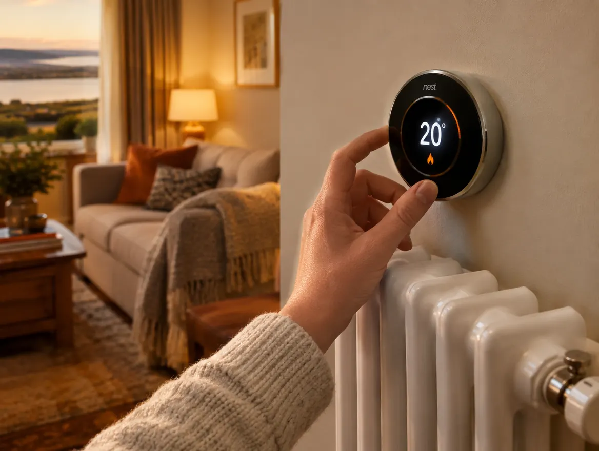 Smart thermostat next to a column radiator