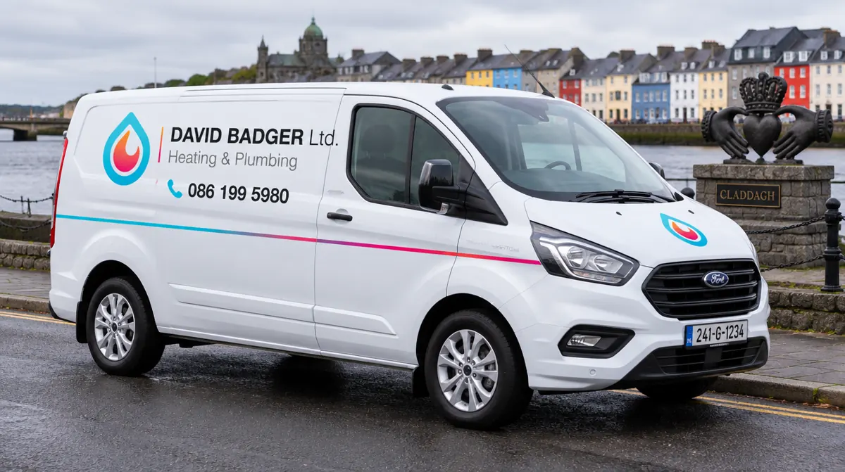 David Badger Heating & Plumbing van parked by the Claddagh in Galway