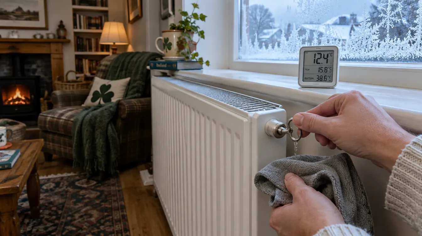 Bleeding a cold radiator with a radiator key in a cosy Irish living room