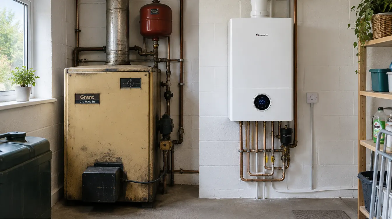 An old oil boiler beside a new compact high-efficiency boiler