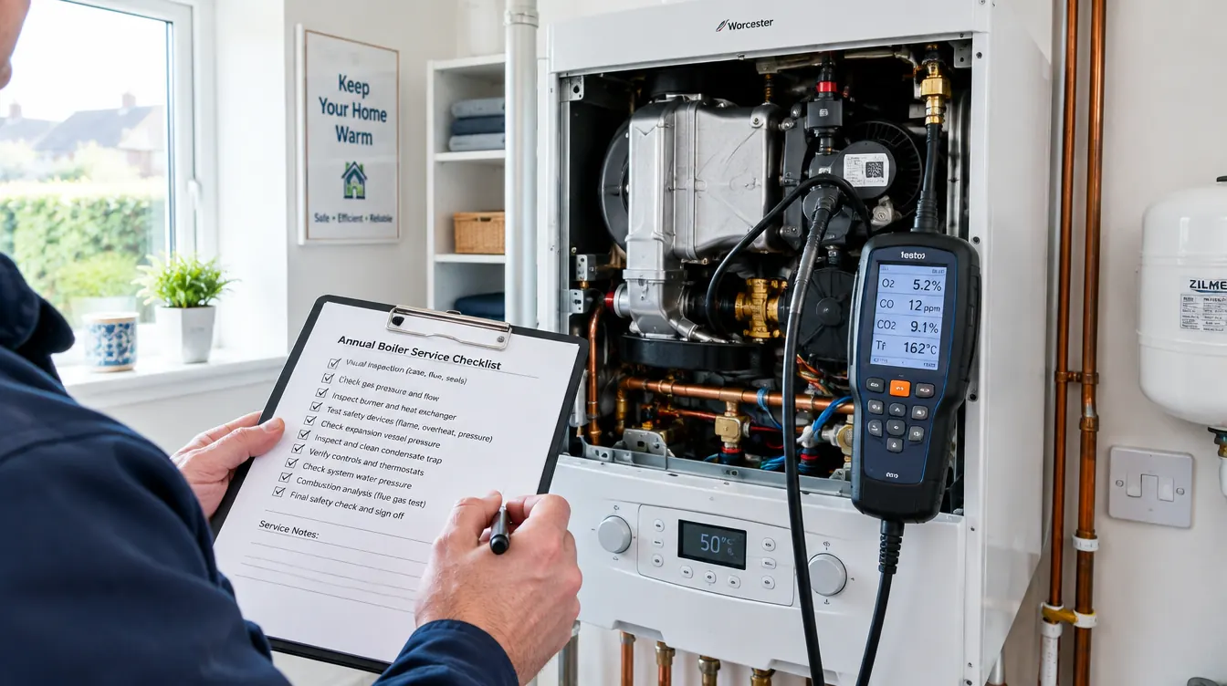 Boiler service checklist next to an open boiler with a flue gas analyser